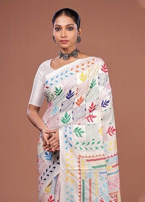 White Kantha Stitch Silk Saree With Blouse Piece