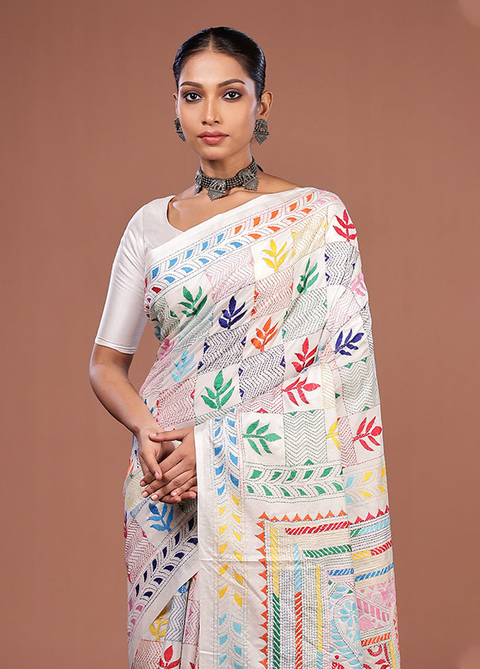 White Kantha Stitch Silk Saree With Blouse Piece