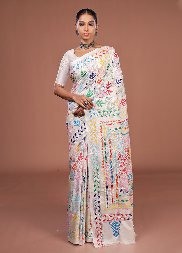 White Kantha Stitch Silk Saree With Blouse Piece