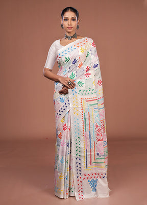White Kantha Stitch Silk Saree With Blouse Piece
