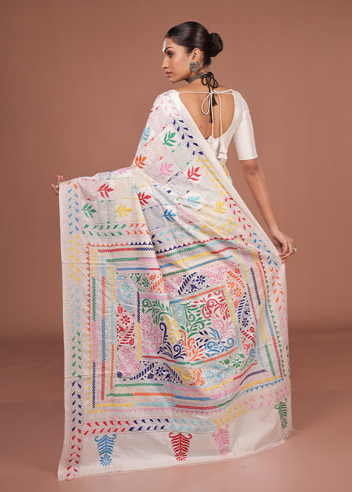White Kantha Stitch Silk Saree With Blouse Piece