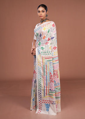 White Kantha Stitch Silk Saree With Blouse Piece