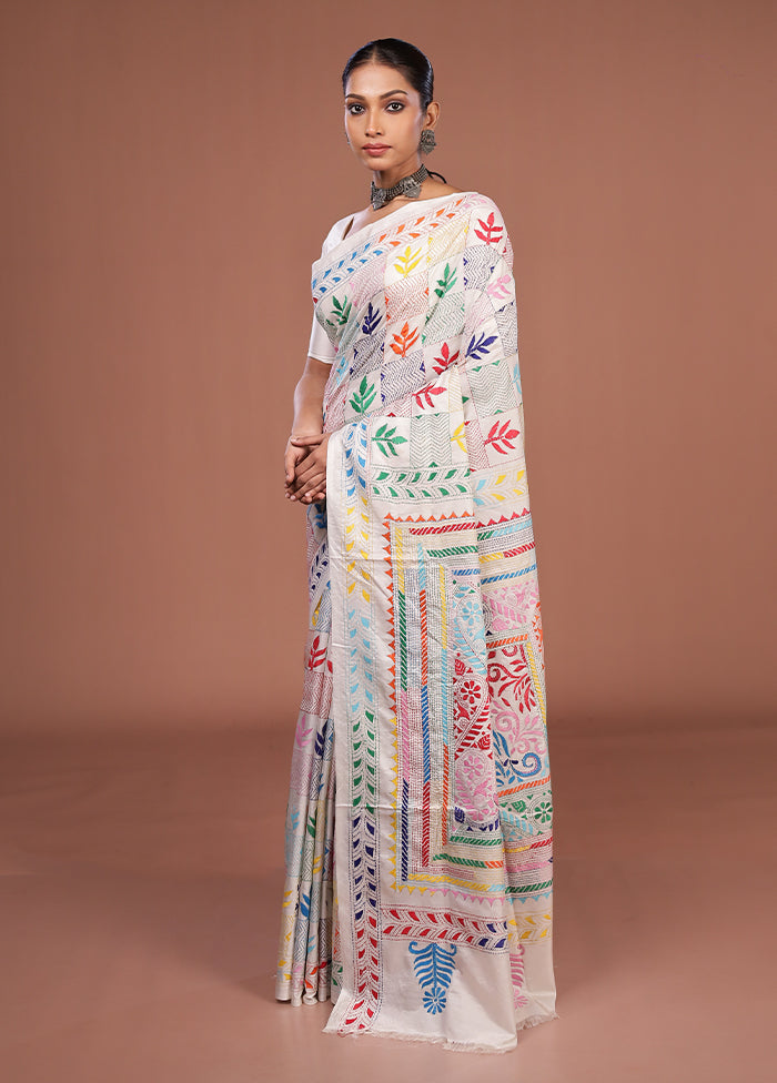 White Kantha Stitch Silk Saree With Blouse Piece
