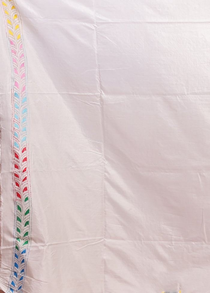 White Kantha Stitch Silk Saree With Blouse Piece