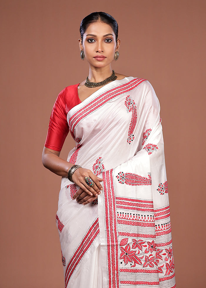 White Kantha Stitch Silk Saree With Blouse Piece