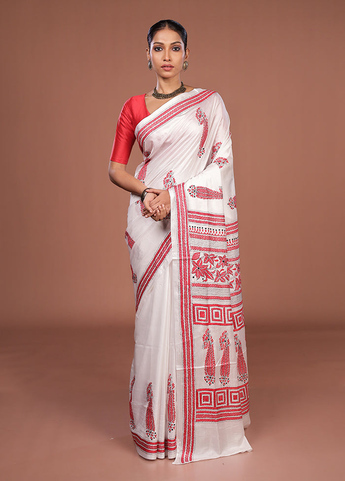 White Kantha Stitch Silk Saree With Blouse Piece