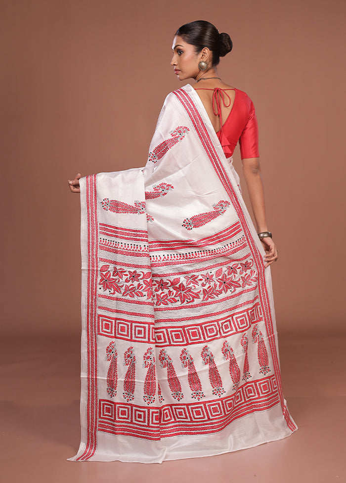 White Kantha Stitch Silk Saree With Blouse Piece