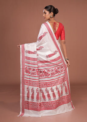 White Kantha Stitch Silk Saree With Blouse Piece