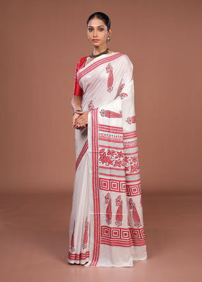 White Kantha Stitch Silk Saree With Blouse Piece