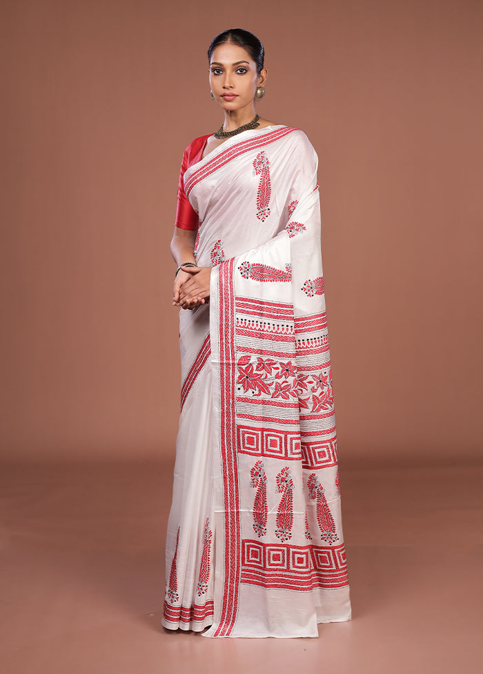 White Kantha Stitch Silk Saree With Blouse Piece