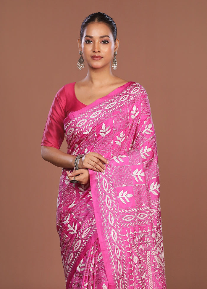 Pink Kantha Stitch Silk Saree With Blouse Piece