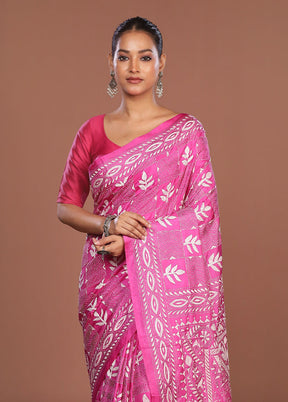 Pink Kantha Stitch Silk Saree With Blouse Piece