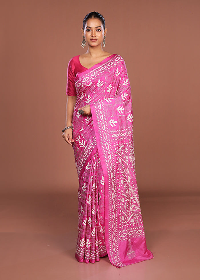 Pink Kantha Stitch Silk Saree With Blouse Piece