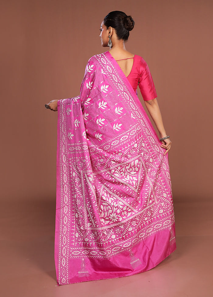 Pink Kantha Stitch Silk Saree With Blouse Piece