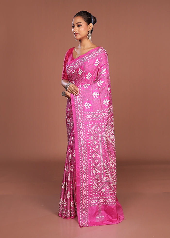 Pink Kantha Stitch Silk Saree With Blouse Piece