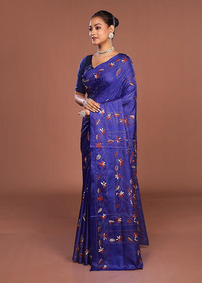Blue Kantha Stitch Silk Saree With Blouse Piece