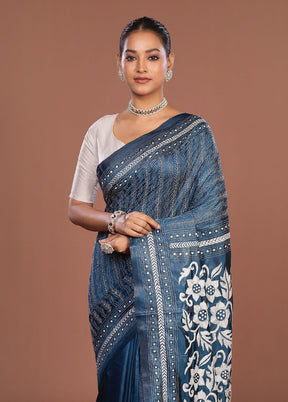 Blue Kantha Stitch Silk Saree With Blouse Piece