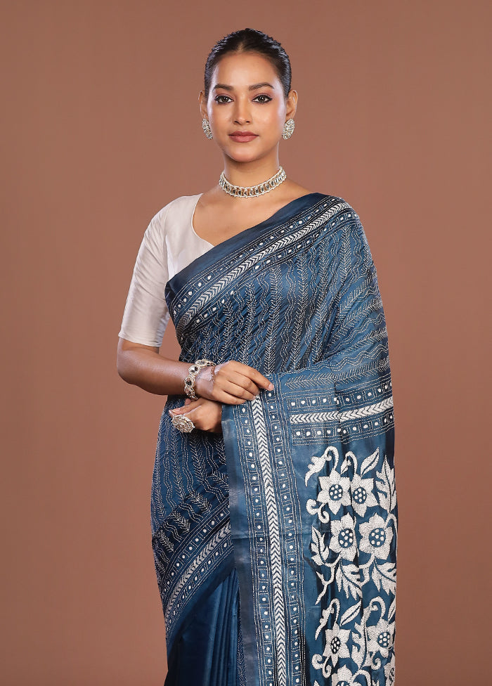 Blue Kantha Stitch Silk Saree With Blouse Piece