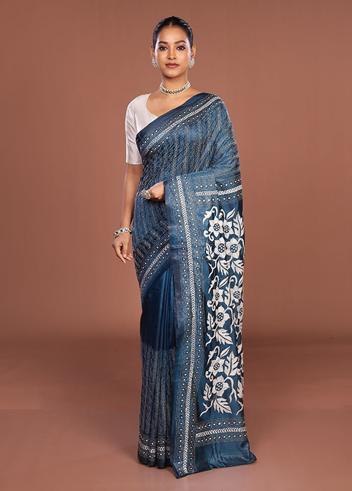 Blue Kantha Stitch Silk Saree With Blouse Piece