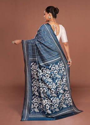 Blue Kantha Stitch Silk Saree With Blouse Piece