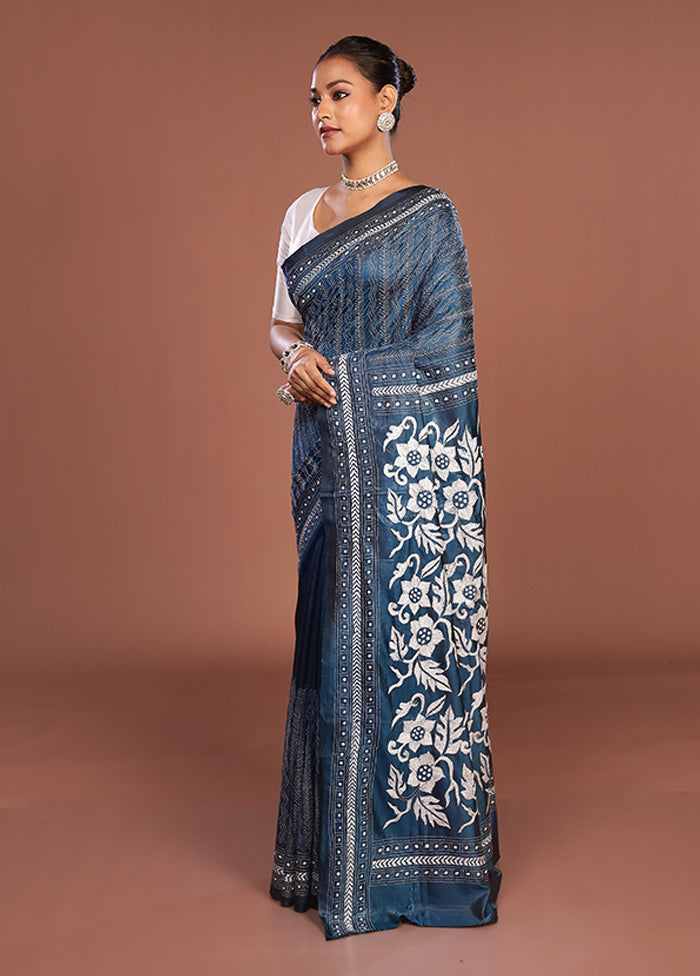 Blue Kantha Stitch Silk Saree With Blouse Piece