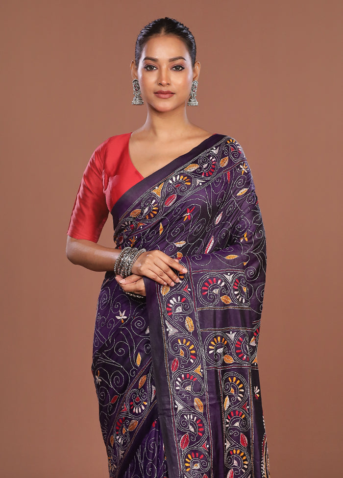 Purple Kantha Stitch Silk Saree With Blouse Piece