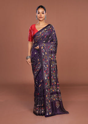 Purple Kantha Stitch Silk Saree With Blouse Piece