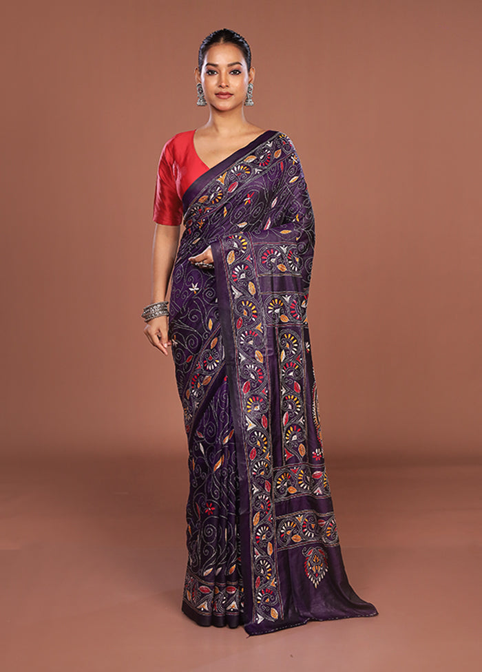 Purple Kantha Stitch Silk Saree With Blouse Piece