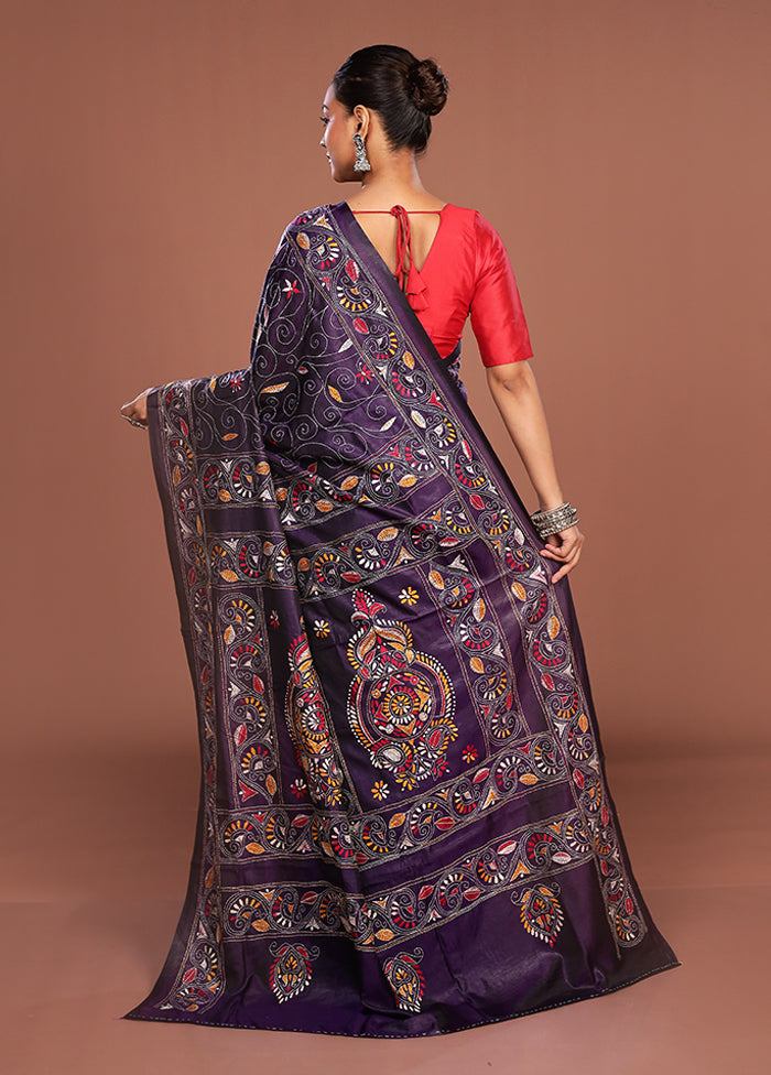 Purple Kantha Stitch Silk Saree With Blouse Piece