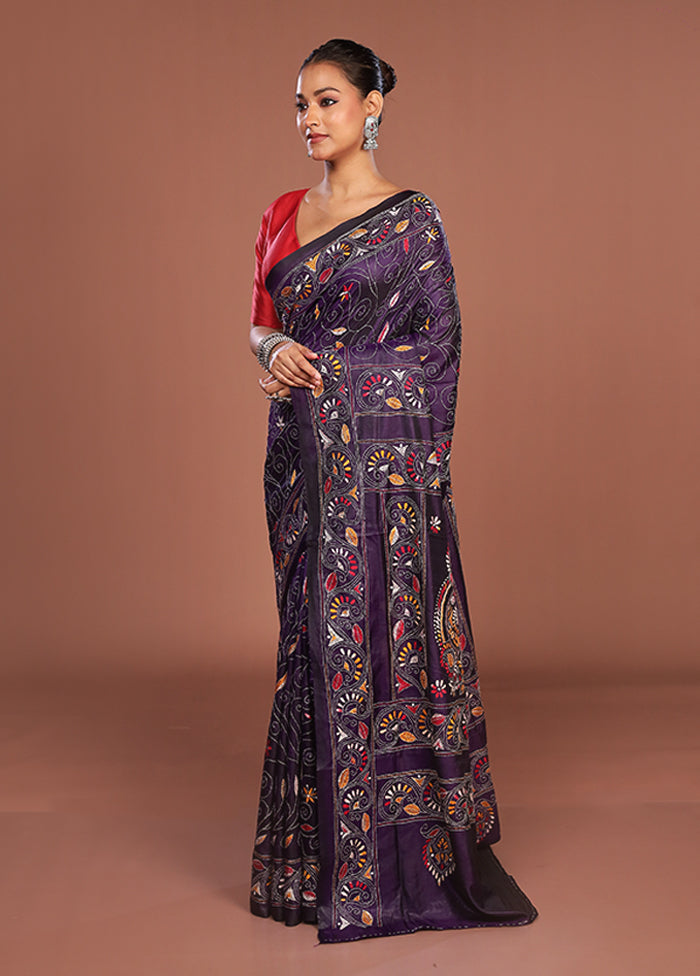 Purple Kantha Stitch Silk Saree With Blouse Piece