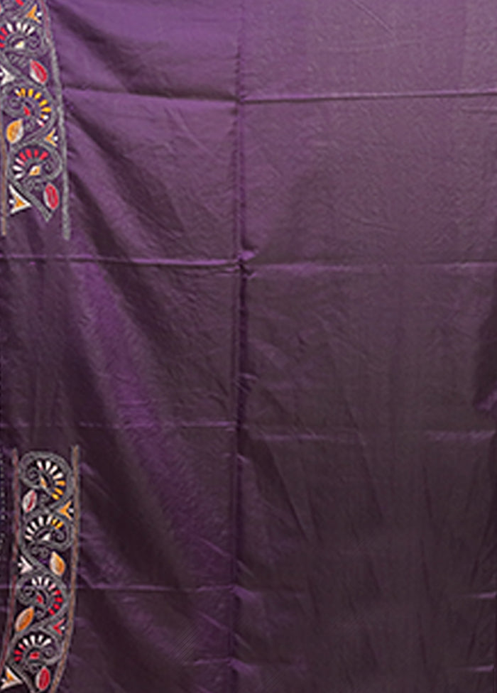 Purple Kantha Stitch Silk Saree With Blouse Piece