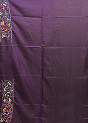 Purple Kantha Stitch Silk Saree With Blouse Piece