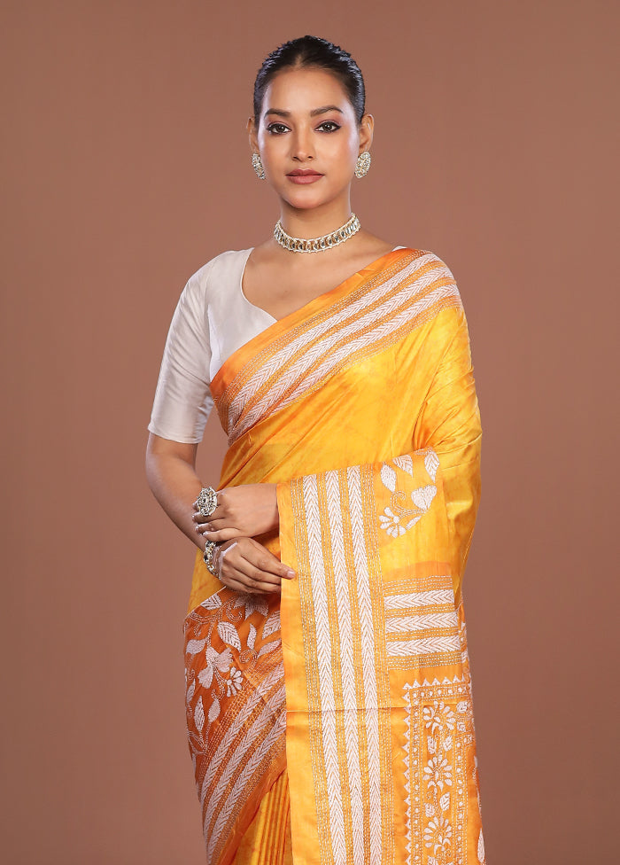 Yellow Kantha Stitch Silk Saree With Blouse Piece
