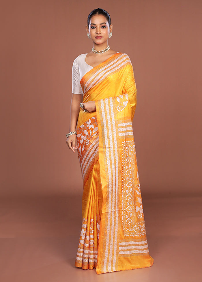 Yellow Kantha Stitch Silk Saree With Blouse Piece