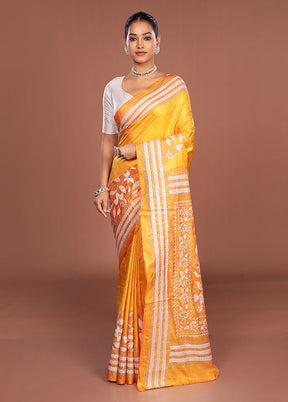 Yellow Kantha Stitch Silk Saree With Blouse Piece