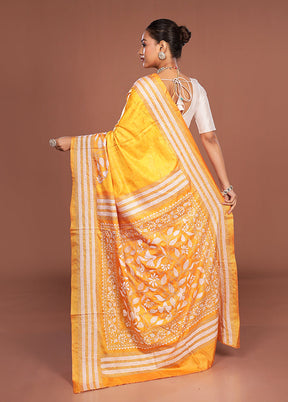 Yellow Kantha Stitch Silk Saree With Blouse Piece