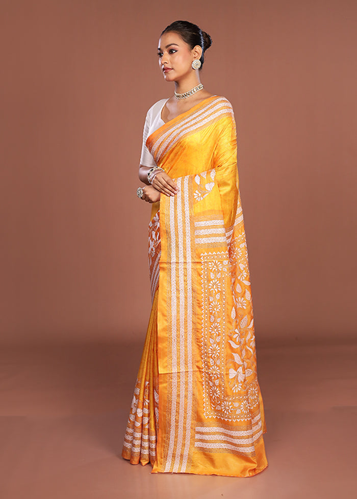 Yellow Kantha Stitch Silk Saree With Blouse Piece