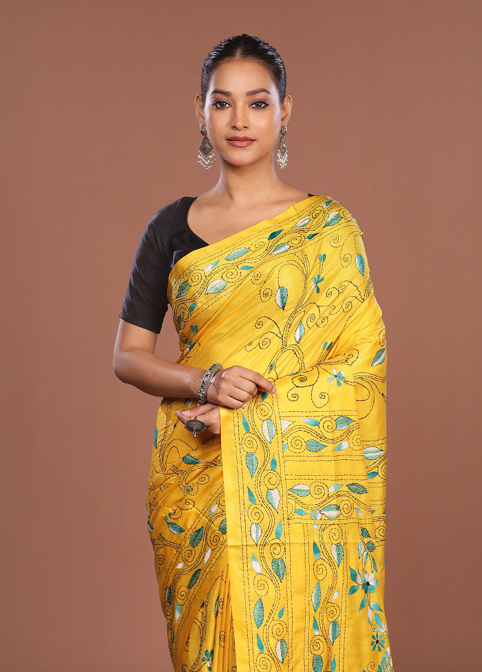 Yellow Kantha Stitch Silk Saree With Blouse Piece