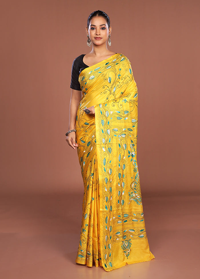 Yellow Kantha Stitch Silk Saree With Blouse Piece