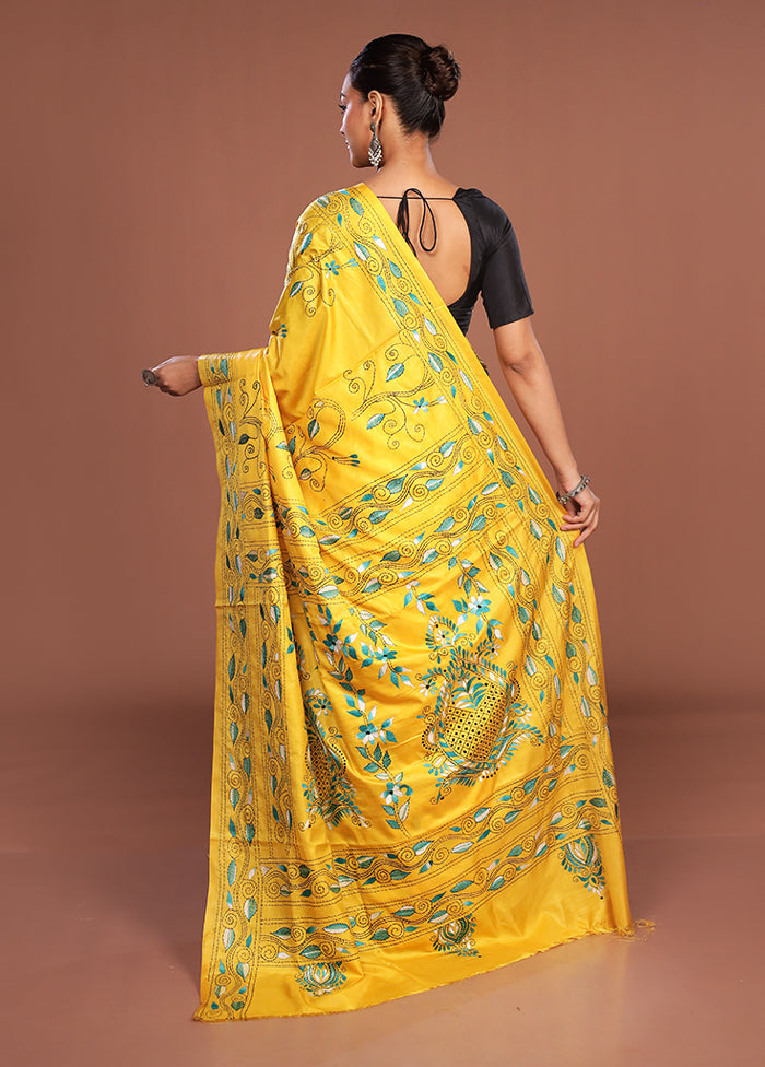 Yellow Kantha Stitch Silk Saree With Blouse Piece