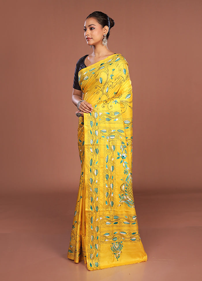 Yellow Kantha Stitch Silk Saree With Blouse Piece