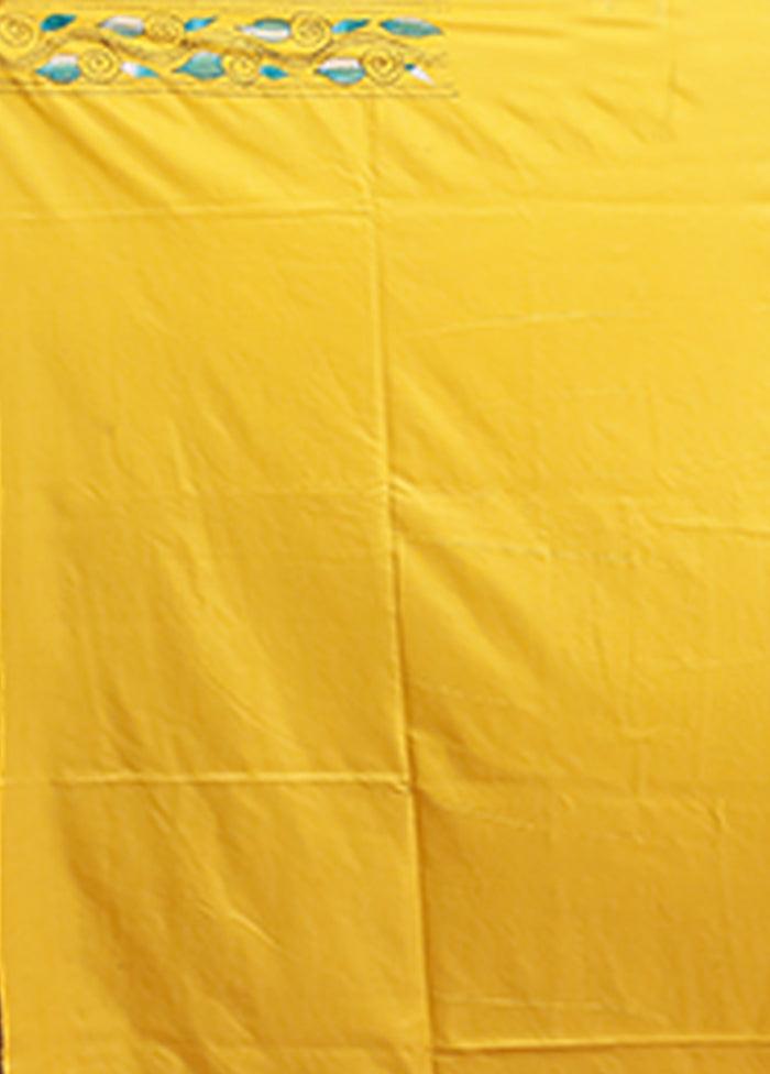 Yellow Kantha Stitch Silk Saree With Blouse Piece
