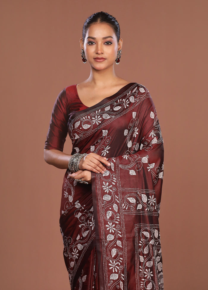 Maroon Kantha Stitch Silk Saree With Blouse Piece