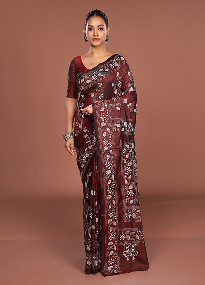 Maroon Kantha Stitch Silk Saree With Blouse Piece