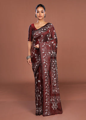 Maroon Kantha Stitch Silk Saree With Blouse Piece