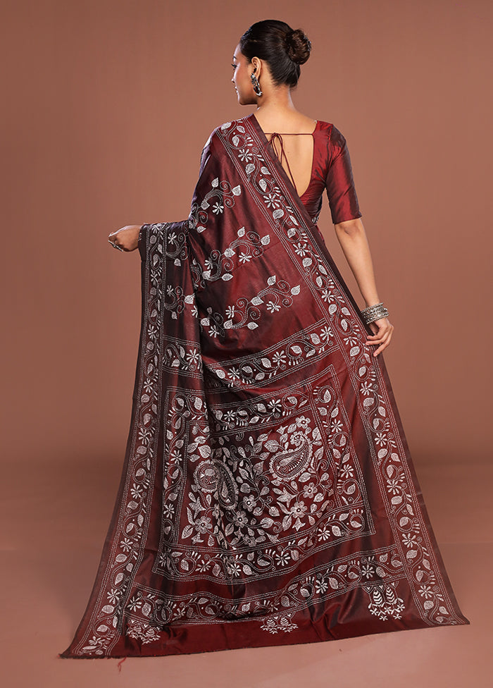 Maroon Kantha Stitch Silk Saree With Blouse Piece