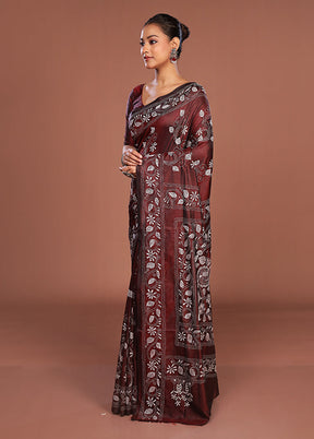 Maroon Kantha Stitch Silk Saree With Blouse Piece