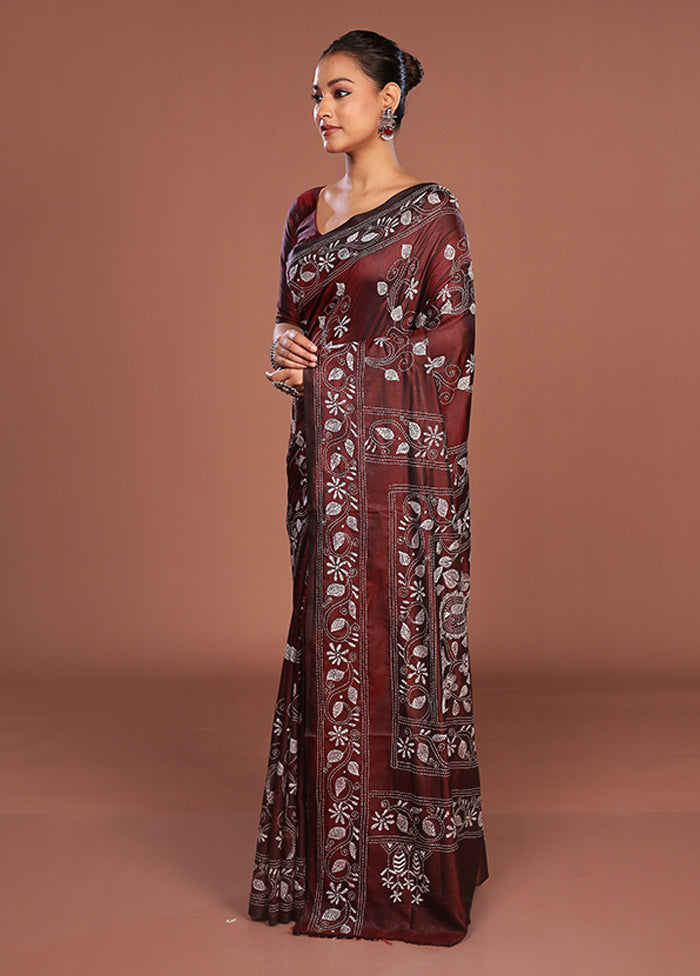 Maroon Kantha Stitch Silk Saree With Blouse Piece