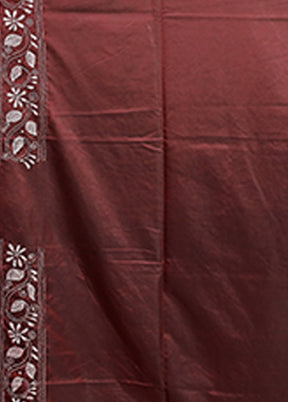 Maroon Kantha Stitch Silk Saree With Blouse Piece