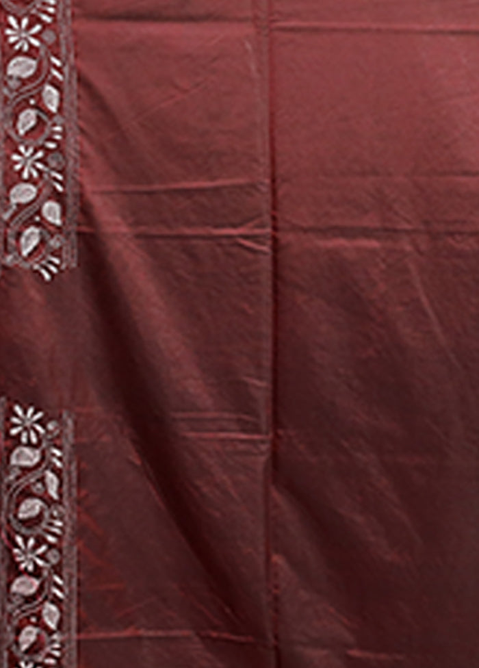 Maroon Kantha Stitch Silk Saree With Blouse Piece